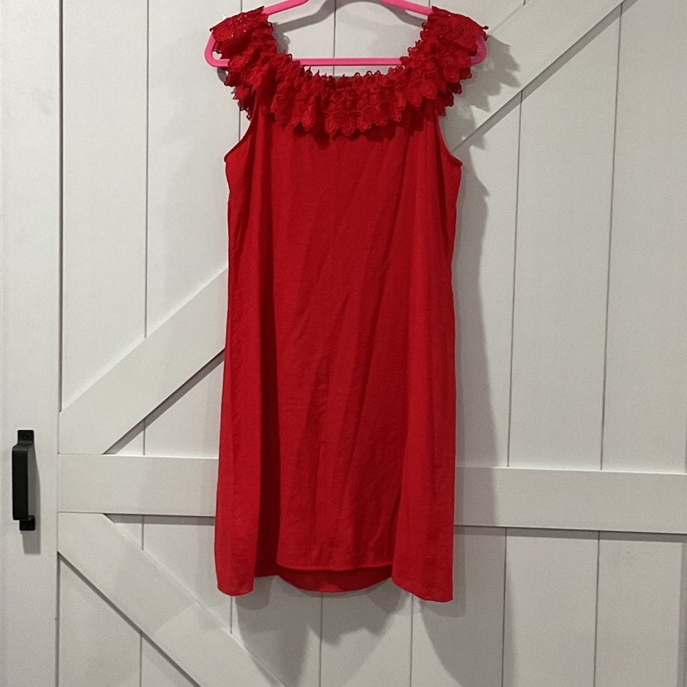 Kim Rogers Red Kids Dress with Ruffle Neckline